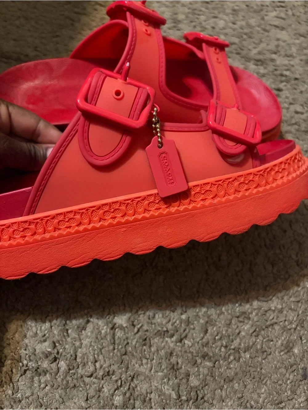 Coach Bright Red and Orange Double-Buckle Slide Sandals - Picture 3 of 6